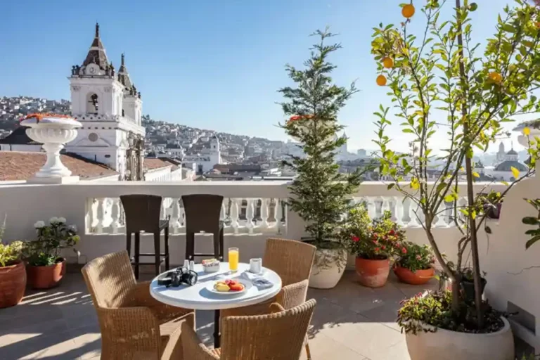 Breathtaking view from Casa Gangotena Boutique Hotel's rooftop terrace in Quito.